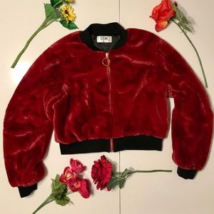 Seek The Label Red Fleece Crop Zip Jacket Medium